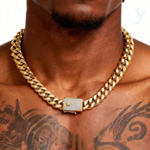 14mm  Iced Clasp Cuban Chain Necklace 18K Gold3