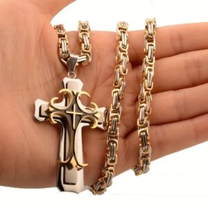 Mens Cross Pendant Necklace Stainless Steel Gold Silver