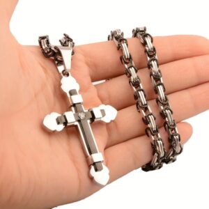 Mens Cross Pendant Necklace Stainless Steel Gold Silver